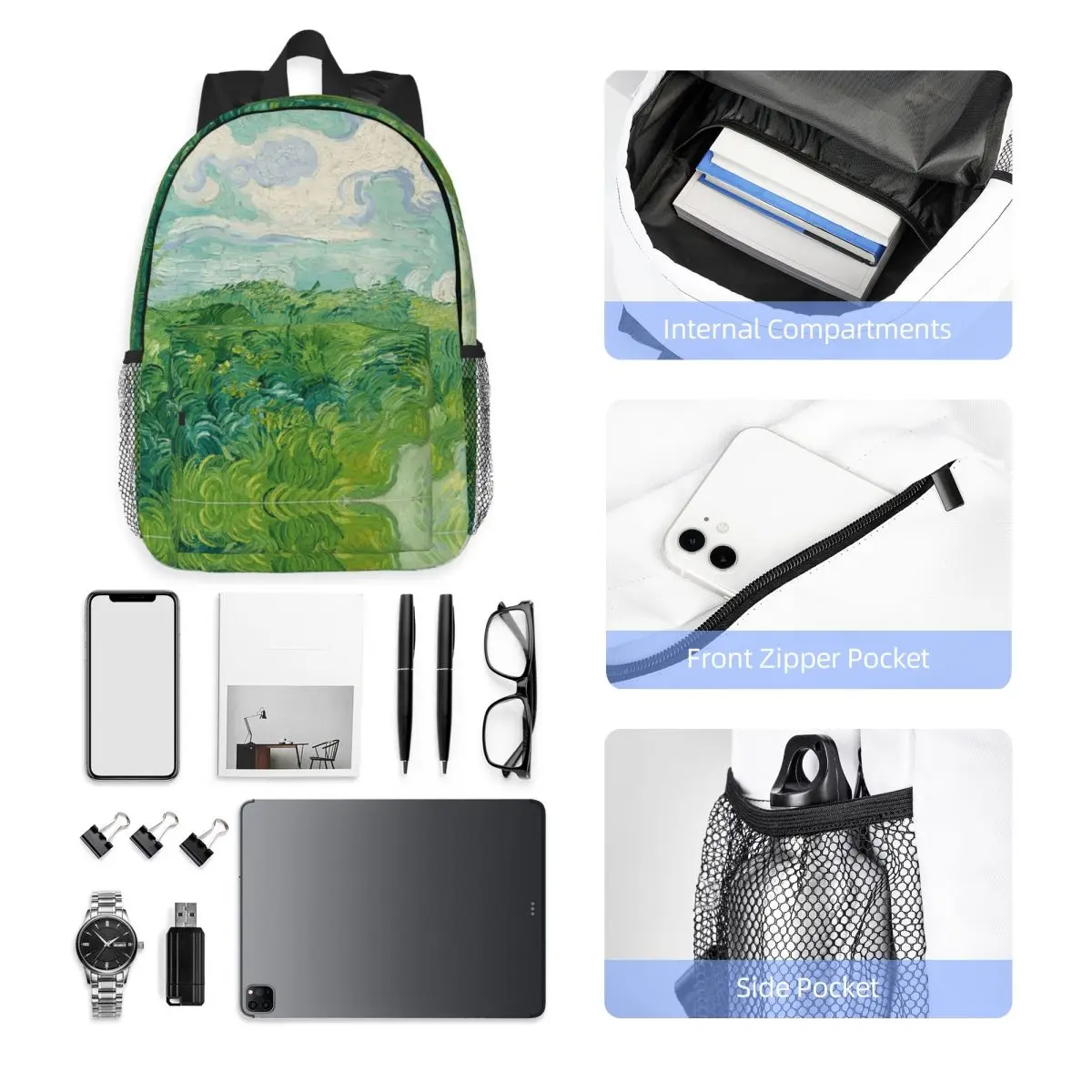 Green Wheat Fields, Auvers, Vincent Van Gogh Backpack Hot Sale Daypack Large Capacity Boy Girl BookBag Shoulder Bags School Bag