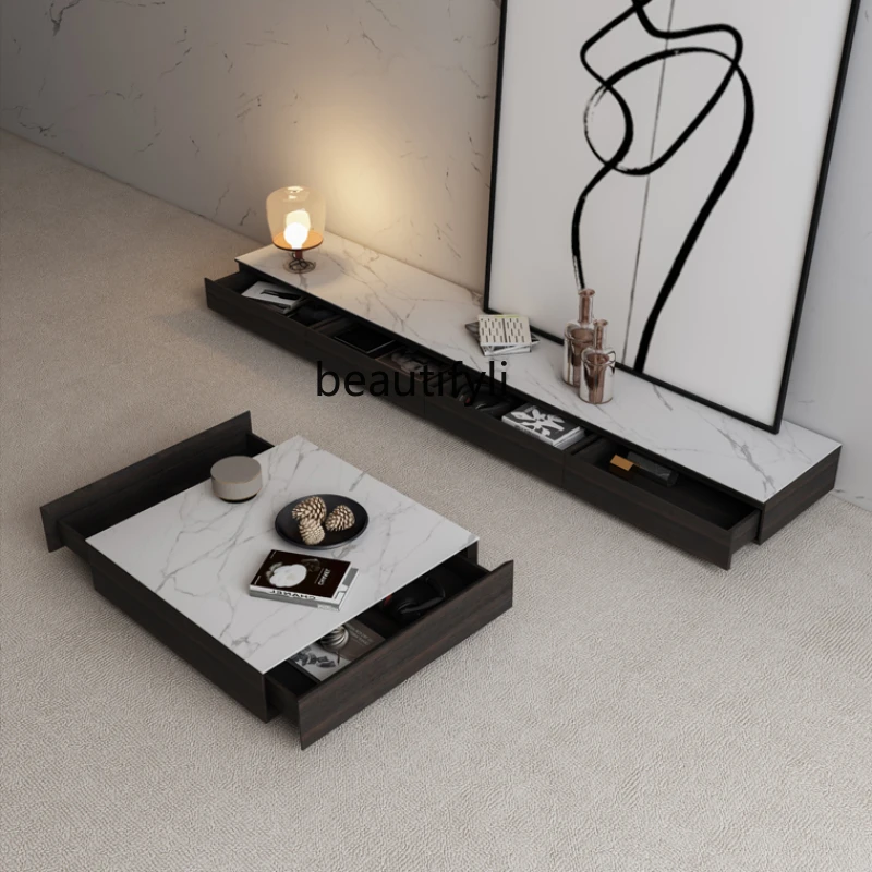 

Italian Stone Plate Simple Modern Small Apartment Home Storage Coffee Table Light Luxury TV Cabinet and Tea Table Combination