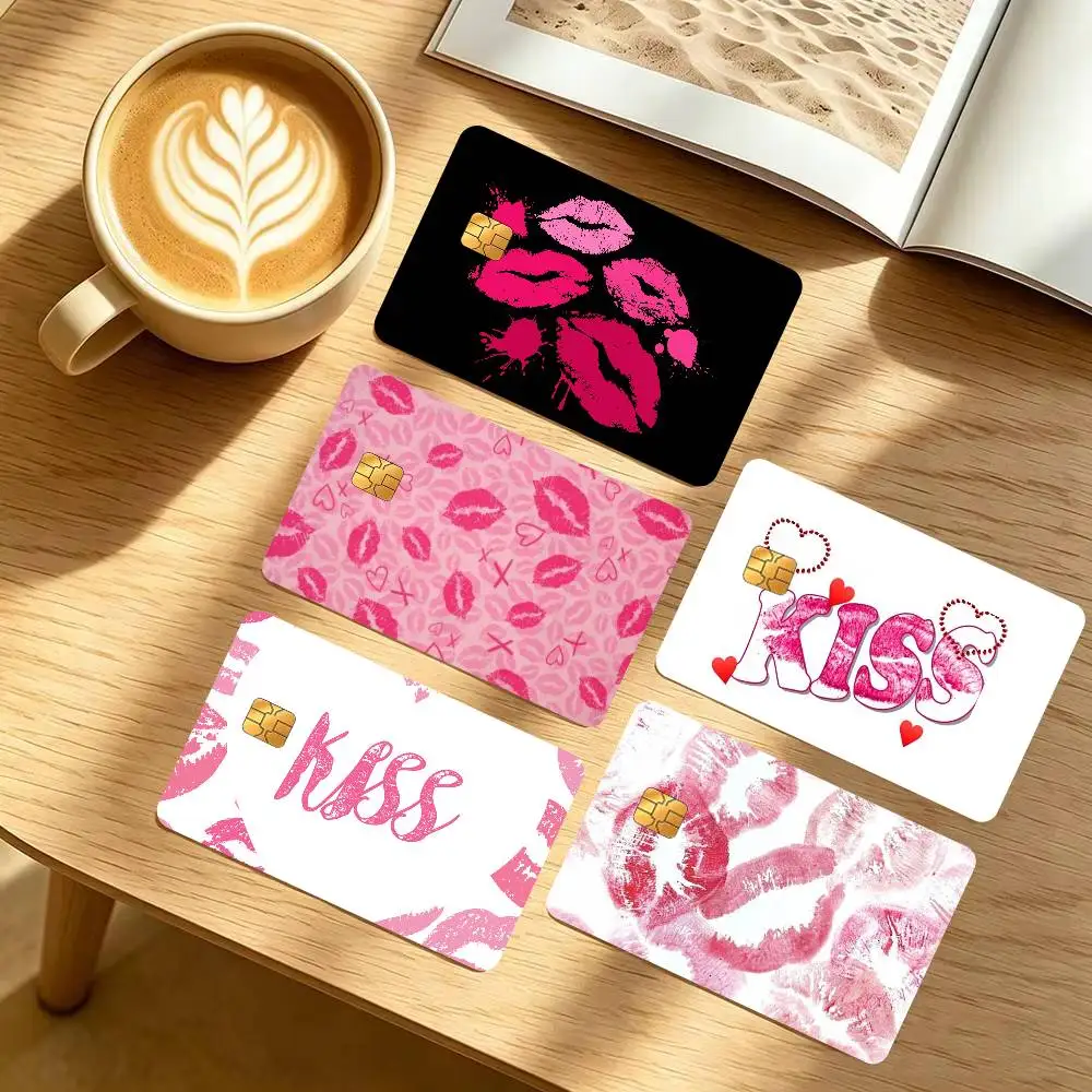 Pink kiss mark   100% Hot Sale Amine Credit Debit Bank Card Bus Card Film Skin Sticker 1 set of 4 pcs