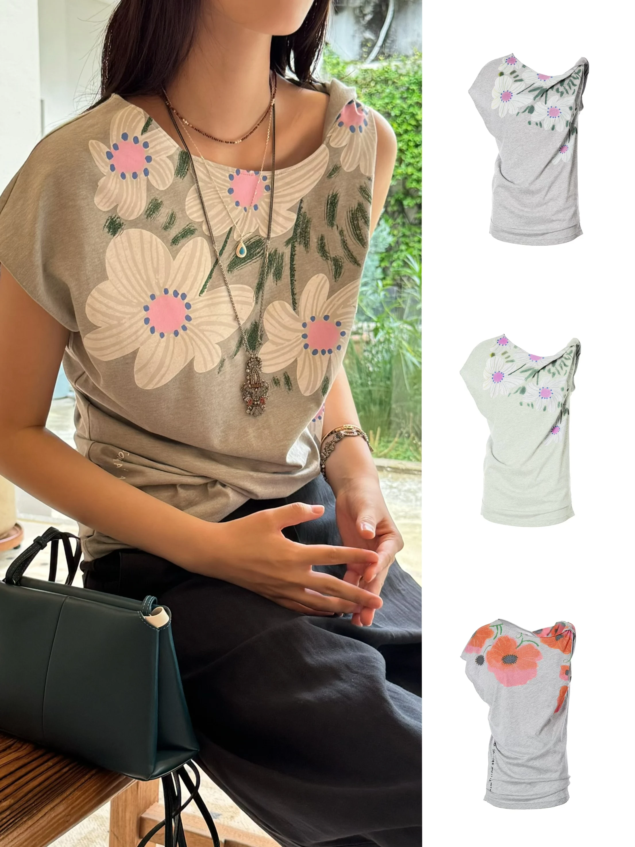 

Cello Sonata Summer Capsule Series Artist Collaborative ey Asymmetric T-irt Women's Casual Loose Fit Sweat Absorbent Brea...