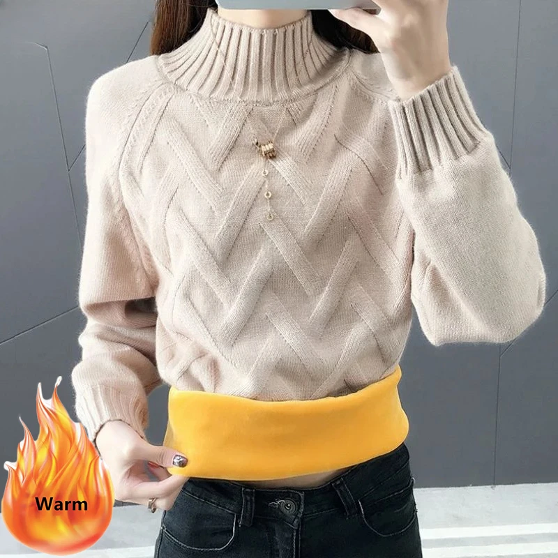 

Winter Thicken Plus Velvet Sweaters For Women Casual Warm Knit Pullovers Korean Fleece Lined Knitwear Ribbed Bottomed Tops F395