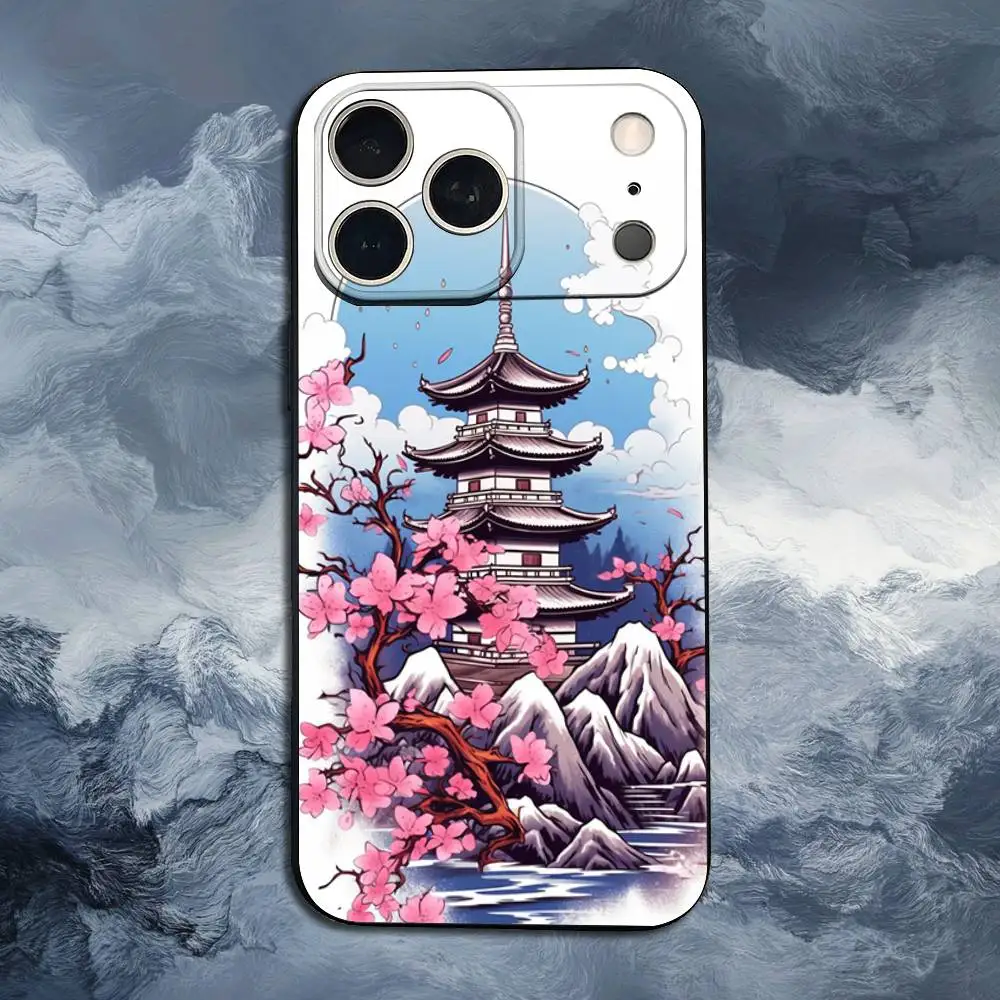 Sakura templo arte japonesa para iphone 13,16,11,14,17,15,plus,pro max,xs,x,xr,se,mini,8,7, capa de telefone silicone macio preto