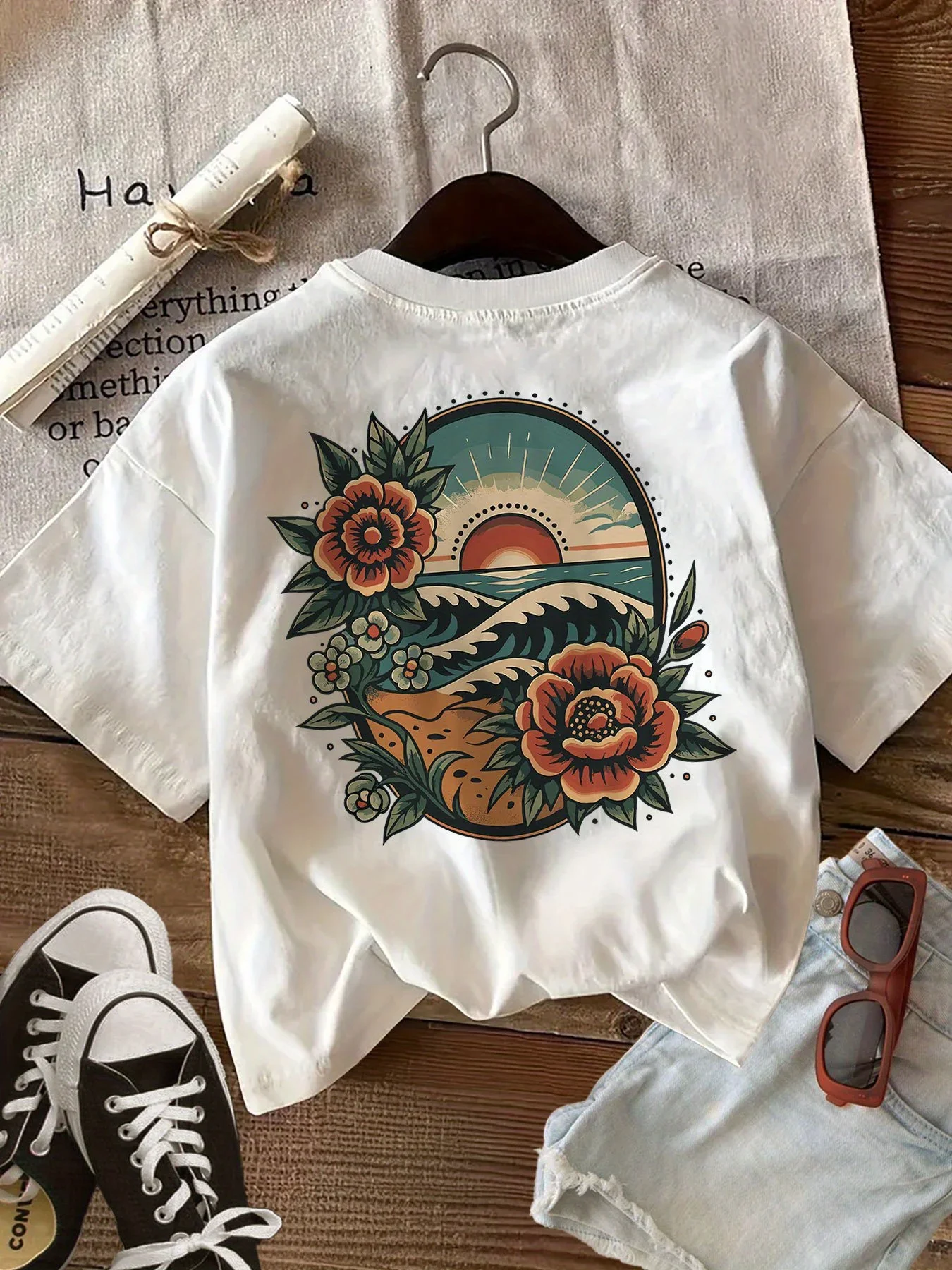 2026 New Vintage Tattoo Style Family Matching Unisex Oversized T Shirt Retro Ocean Sun Flower Back Print White Streetwear Tops