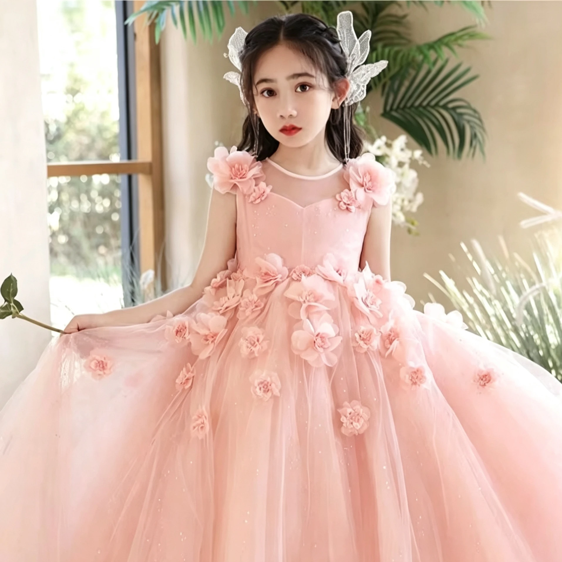 Customized Flower Girl Dress For Wedding Appliques Sleeveless High Waist Floor Length Kids Birthday First Communion Gown