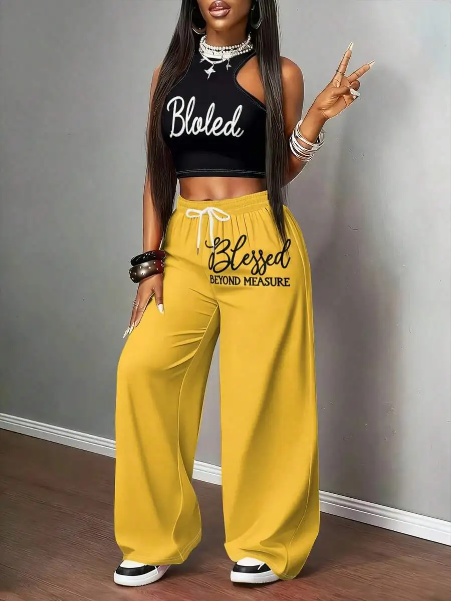 

Womens Y2K Retro Two-Piece Set Black Halter Top And Yellow Wide-Leg Pants With Letter Print