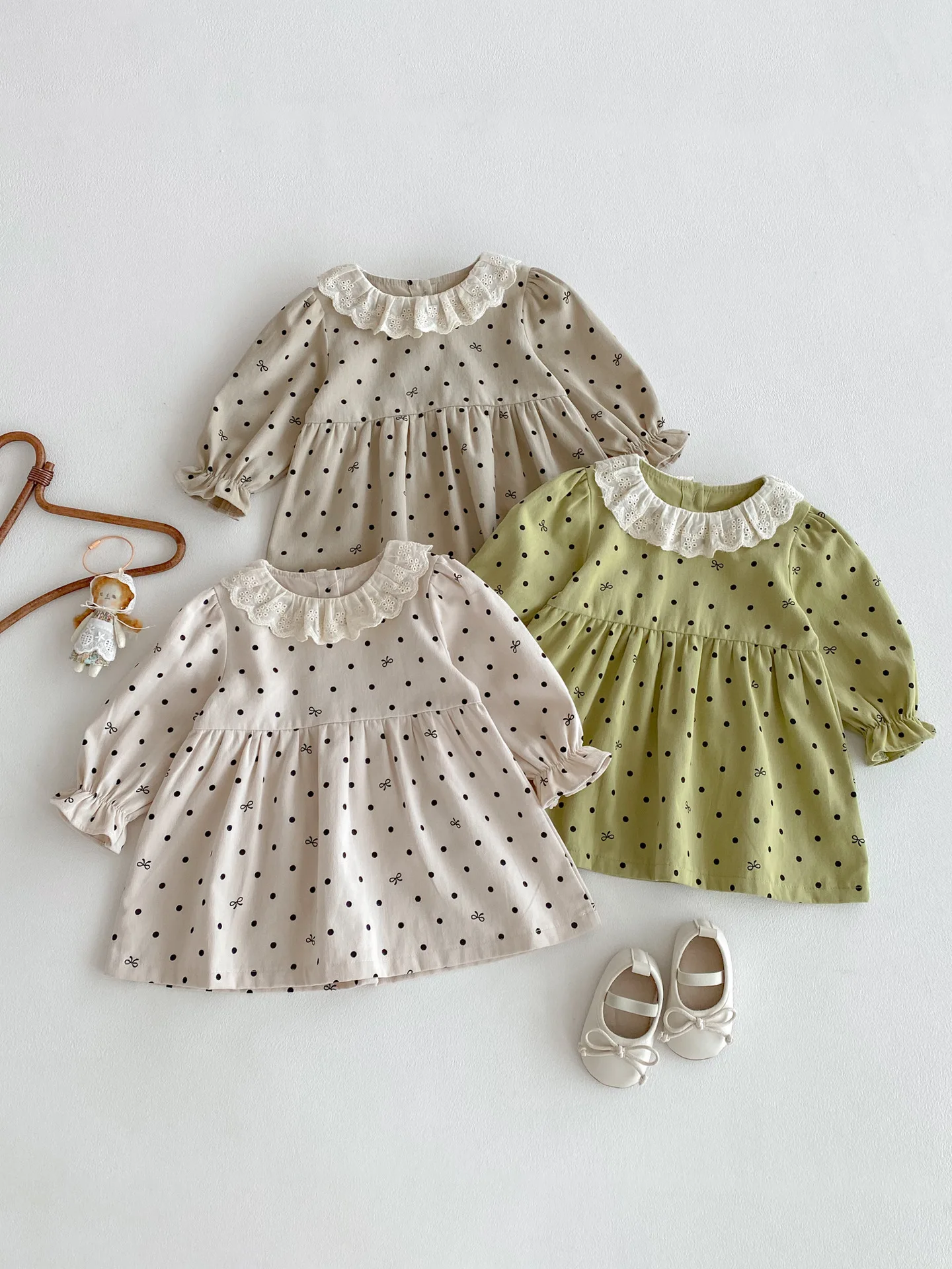 Baby Girl Lace Collar Princess Dress Cotton Toddler Casual Dress 2025 Autumn New Girls Long Sleeve Dress Cute Bow Dot Print