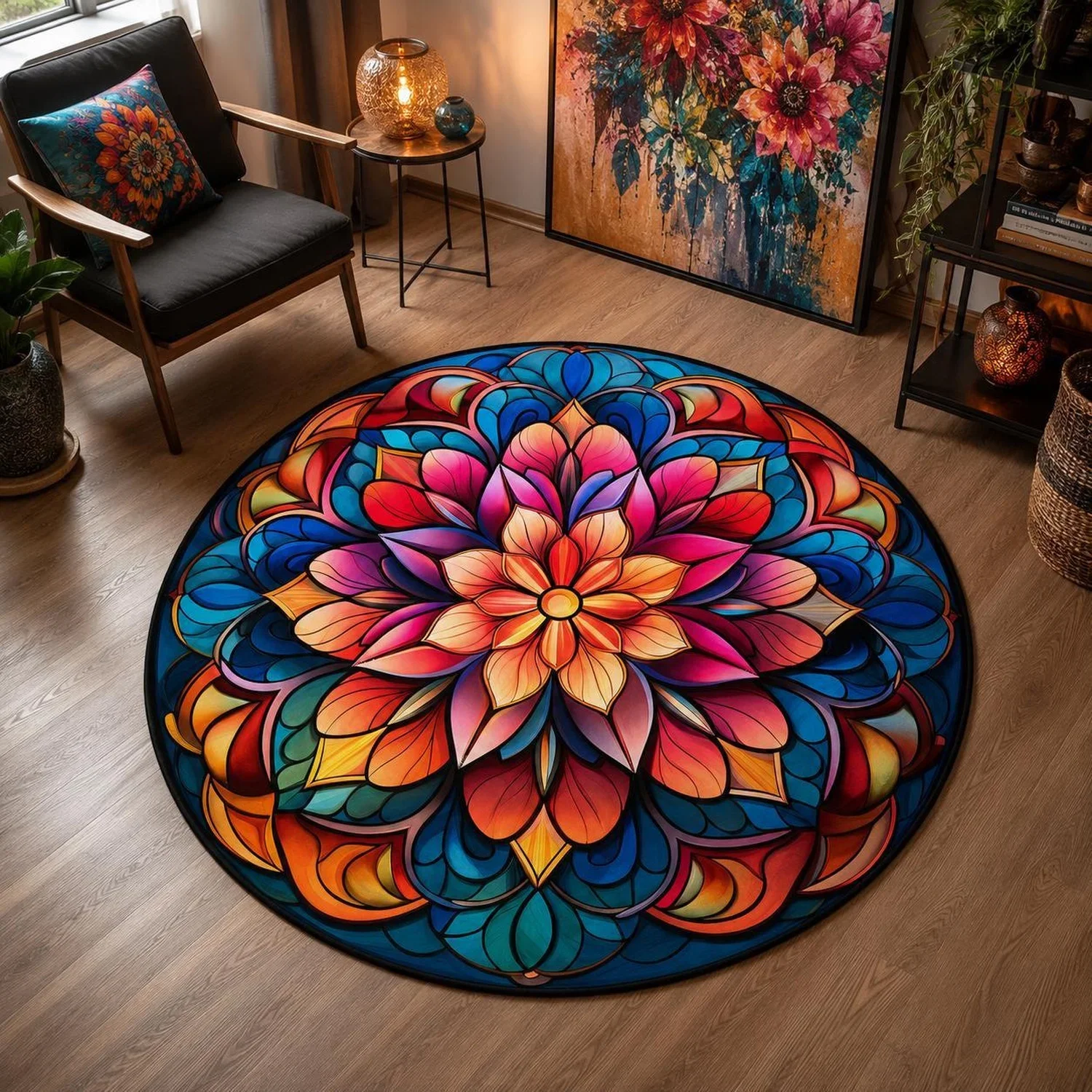 Mandala Flower Round Rug, Stained Glass Rug, Bohemian Style Decoration