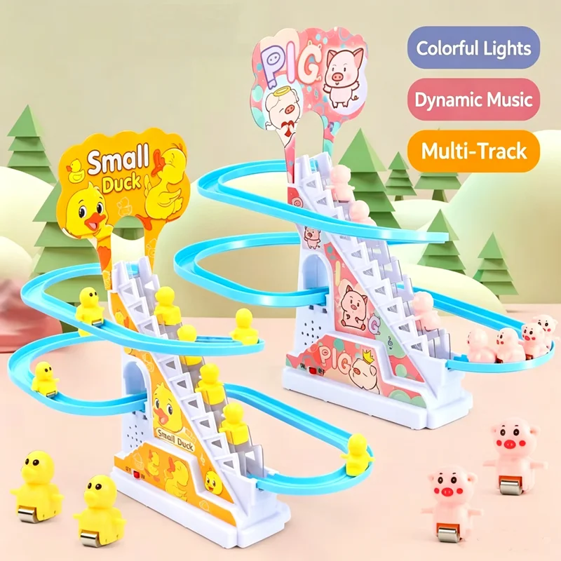 New Stress Relieving Toy Dinosaur Climbing Stairs and Sliding Track, Duckling, Children's Puzzle Pig Toy (Excluding Battery)