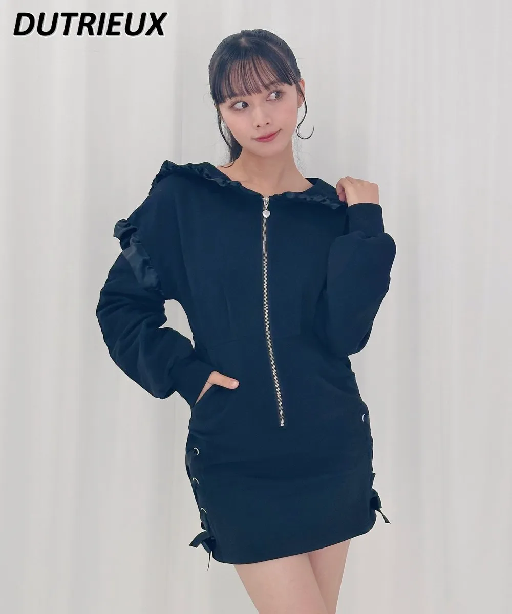 

Japanese Sweet Lady Sailor Collar Ruffled Long Sleeve Dress Waist Slimming Women's Spring New Zipper Sheath Short Dresses