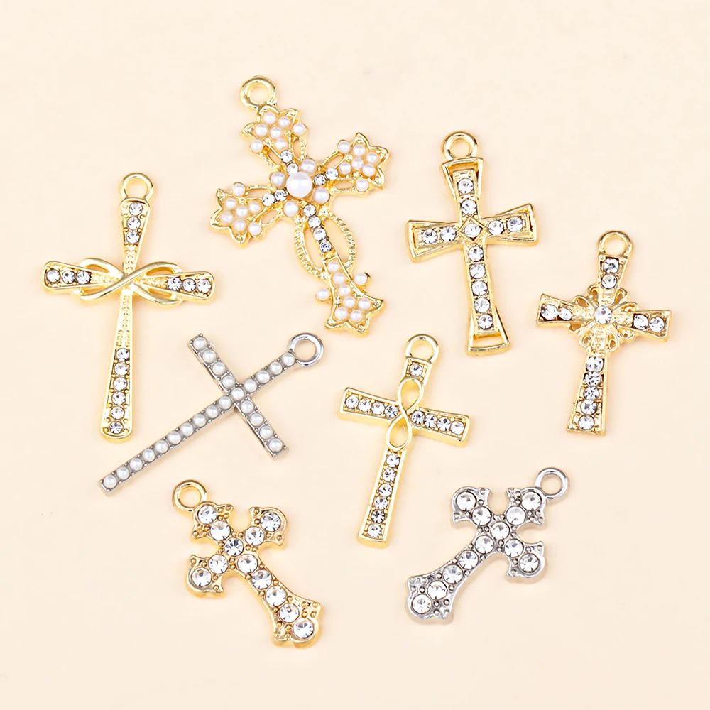 Exquisite Jewelry Accessories Pearl Crystal Rhinestone Alloy Cross Charms DIY Earrings Necklace Christian Crucifix Pendants Craf