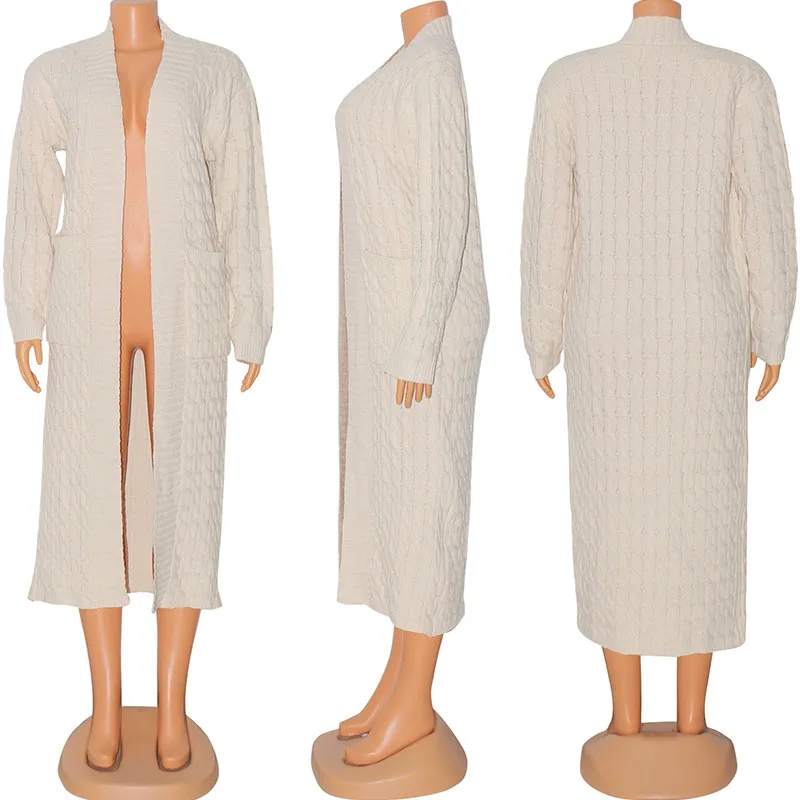 Robe Cardigan tricotée côtelée pour femmes, vêtements d'hiver chauds à manches longues, Maxi, poches élégantes, robes droites longues