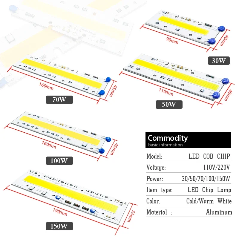 10pcs/lot 10W 20W 30W 50W 100W 150W LED Cob Chip 220V 110V No Need Driver DIY Flood Light Spotlight Lampada Outdoor Chip Lamp