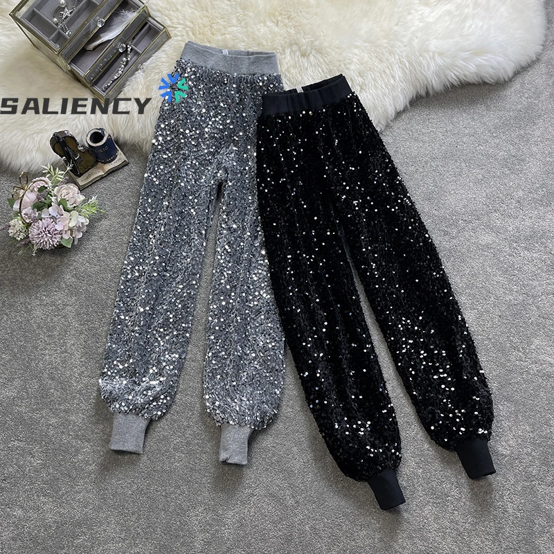 

Blingbling Sequins High-waisted Wide-legged Pants Fall and Winter Korean Elastic Waist Casual Haren Pants Fashion