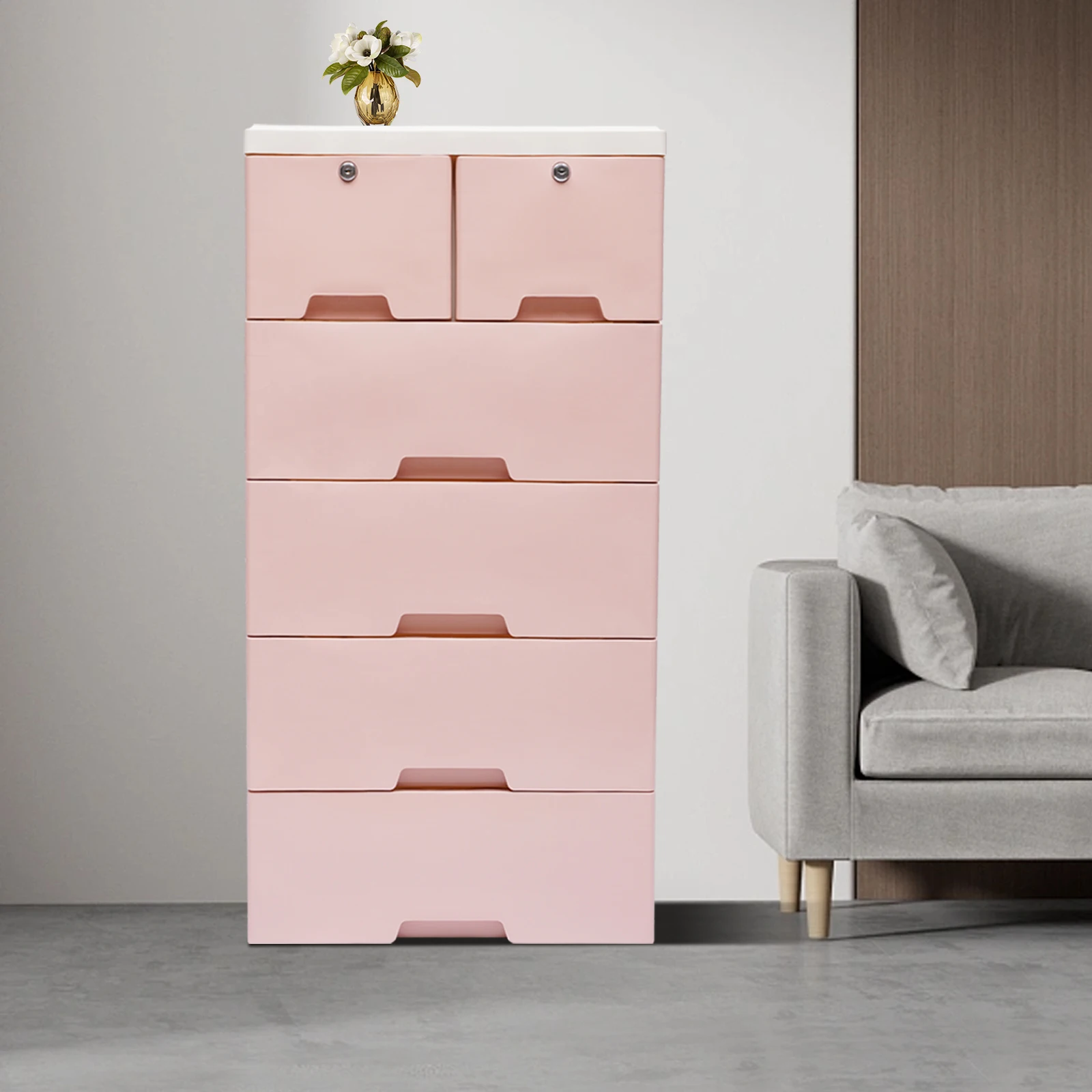 Pink 5-Tier Drawer Storage Cabinet with 6 drawers & 4 wheels, Room Organizer