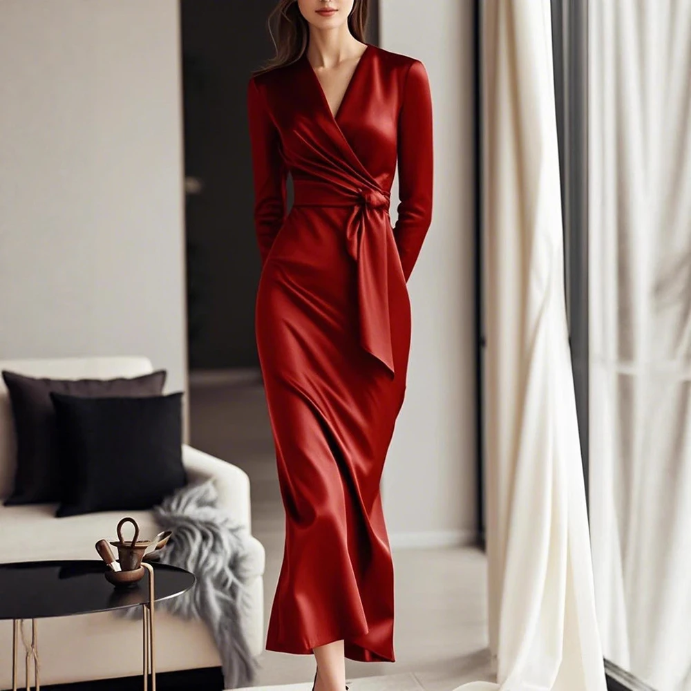 

Women's Satin Imitation Silk Elegant Dress V-Neck Lace-up Long Sleeve British Style Autumn Slim Dress Party Evening Maxi Dresses
