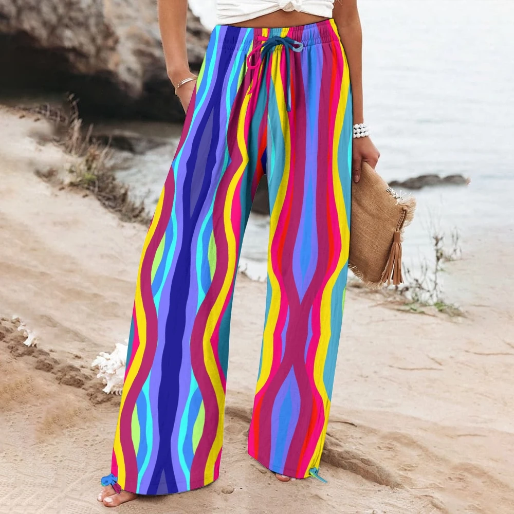 

Dopamine Style Casual Straight Pants Women's Rainbow Ripple Printed Beach Pants High Waist Chic Street Clothing