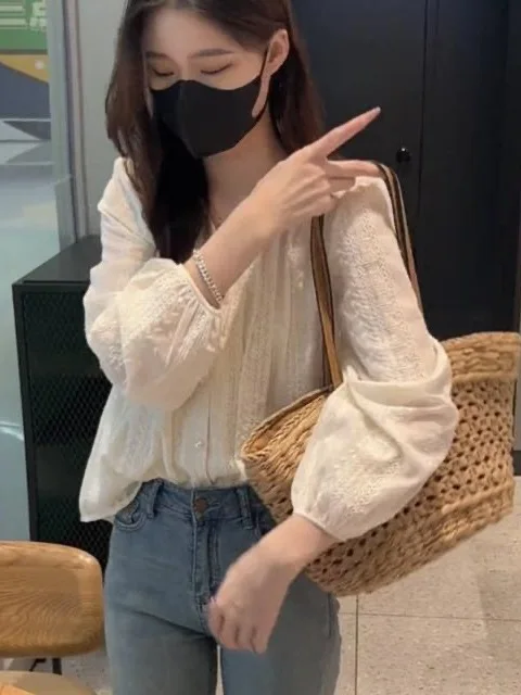 Elegant V-neck Lace Chiffon Blouse Women's Hepburn Style Retro Court Style Embroidered Top Spring Fashion Loose Bubble Sleeve