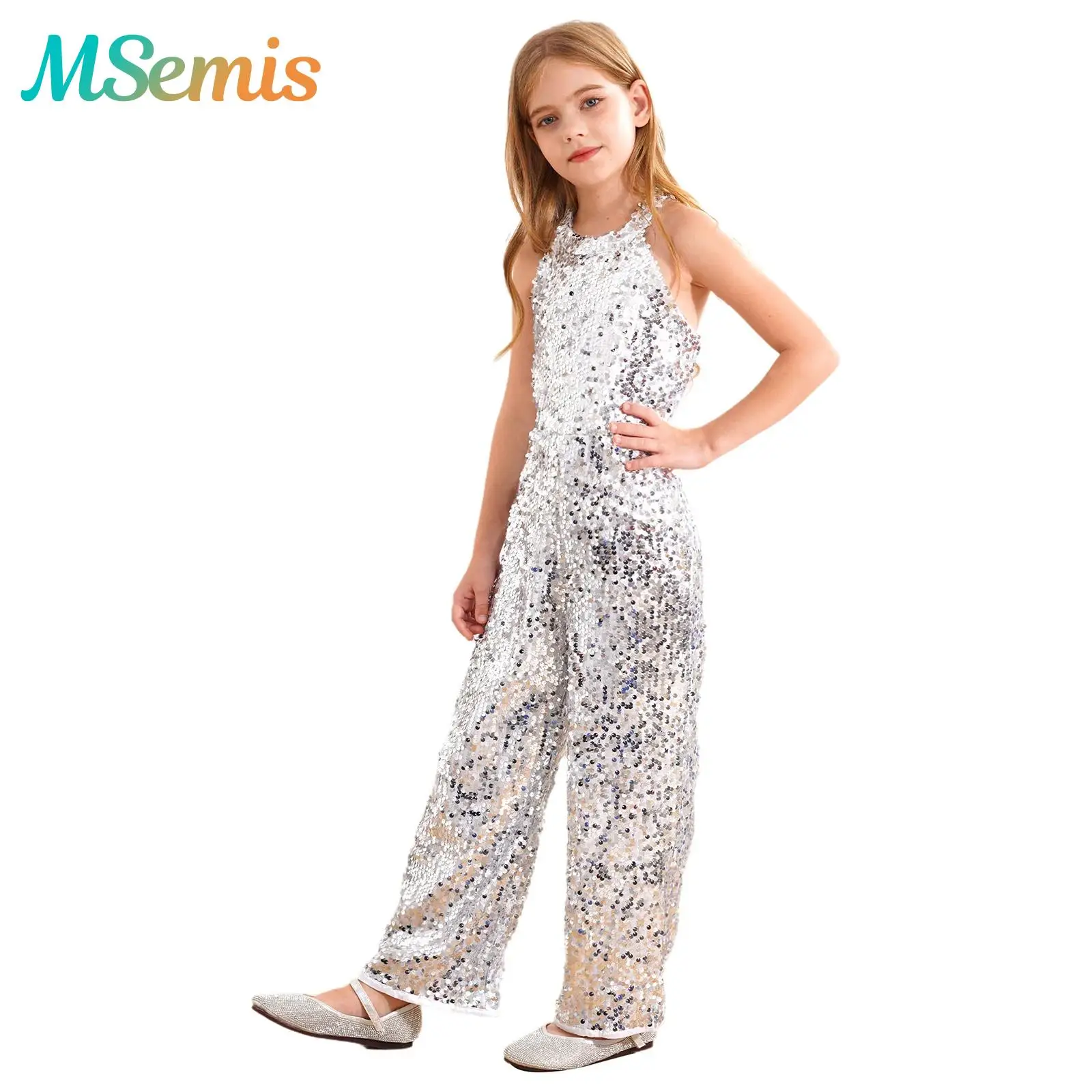 

Kids Girls Shiny Sequin Ballet Jazz Dance Costume Pageant Romper Halter Neck Strappy Back Wide Leg Pants Unitards Jumpsuit