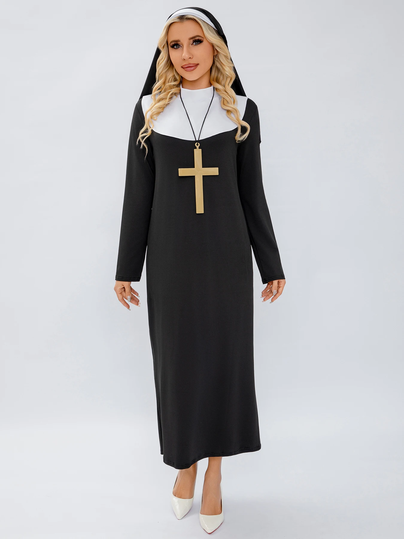 Disfraz de Halloween para mujer adulta, monja negra, Virgen María, vestido de cosplay de Pascua, disfraz de cosplay