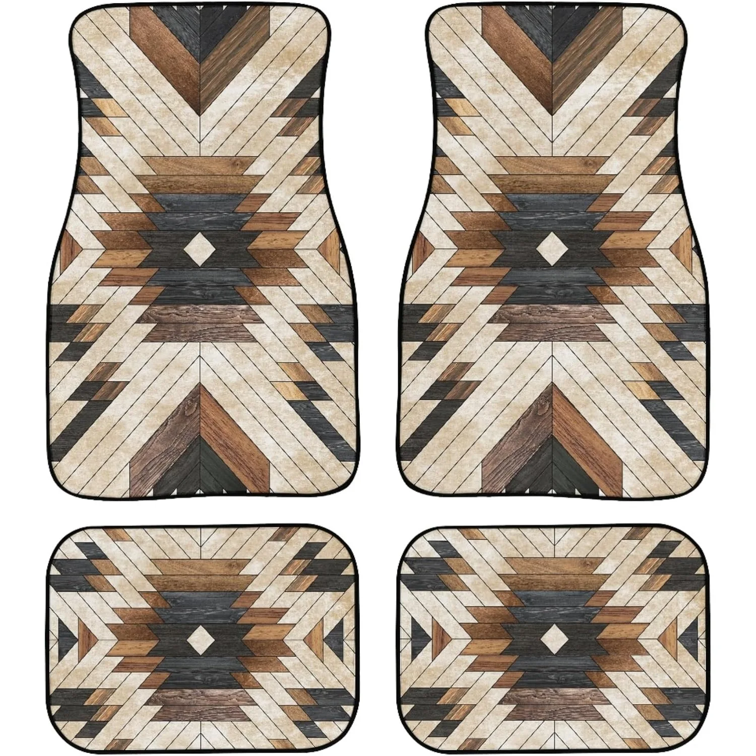 Boho Aztec Car Mats Set Of 4 Shabby Hardwood Parquet Floor Wooden Boards Texture With Geometric Pattern Floor Mats For Cars Non