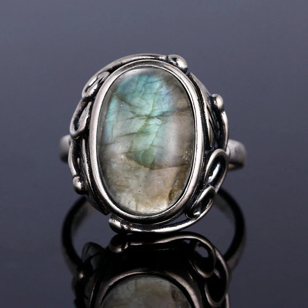 Silver Ring for Women Oval Round Natural Labradorite Ring Gift Sun Shaped Retro Luxury Fine Jewelry