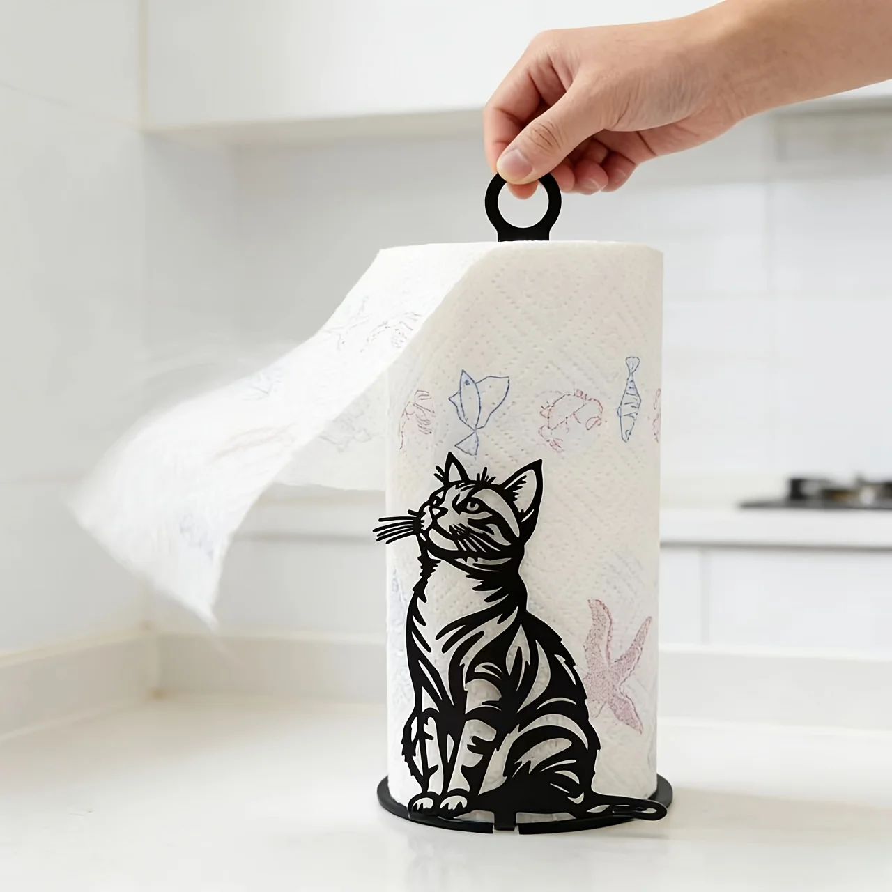 Warm Style Desk Tissue Roll Storage Rack, Cute Cat Design Countertop Paper Holder Organizer