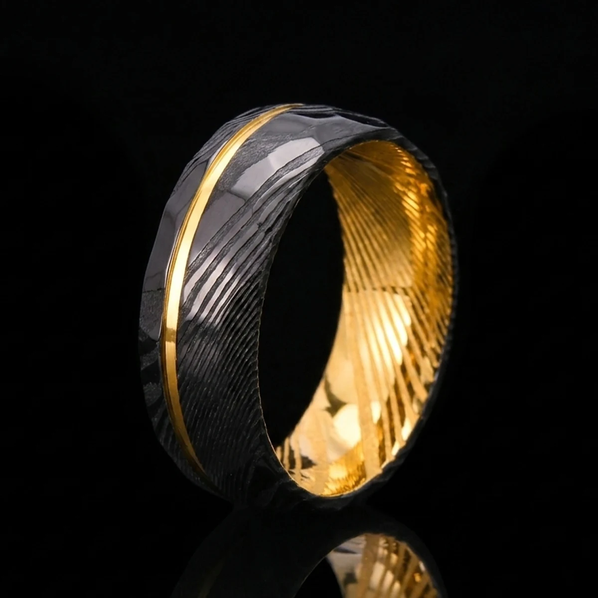 8MM Golden Damascus Steel Ring Men's Wedding Bands Classic Hammered Ring Fashion Jewelry Engagement  Wedding Promise Rings