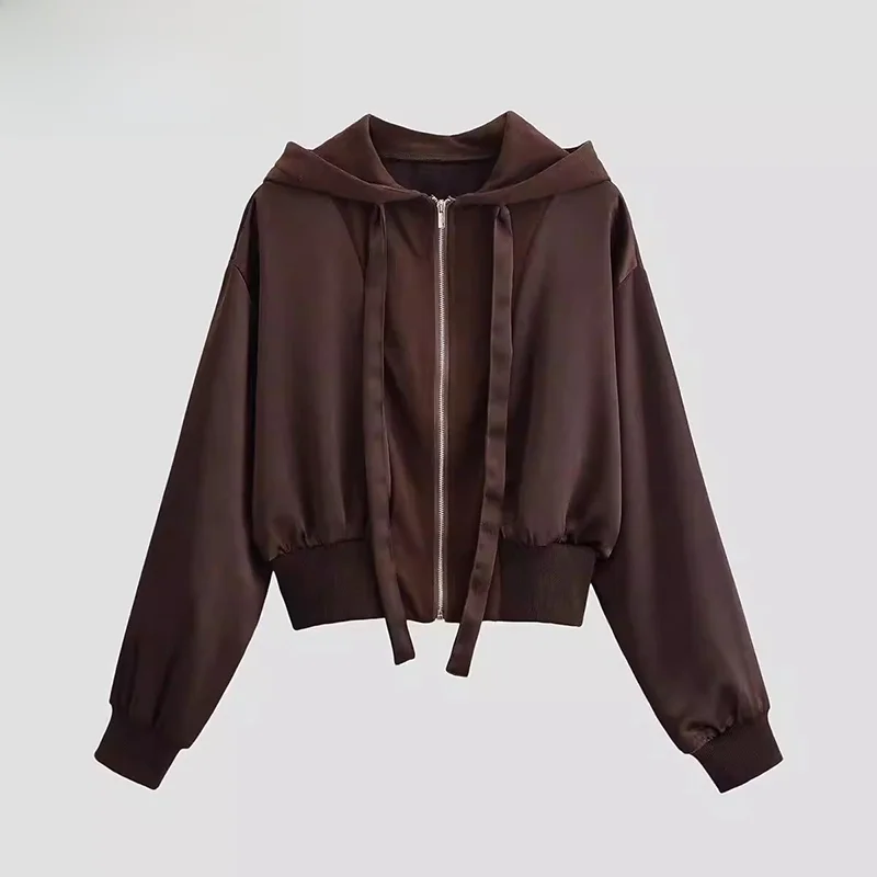 

Faionable Autumnal Women's Jaet with Hood Simple Sli Versatile ZR 9769 Polyester Fiber Ladies' ort Outerwear