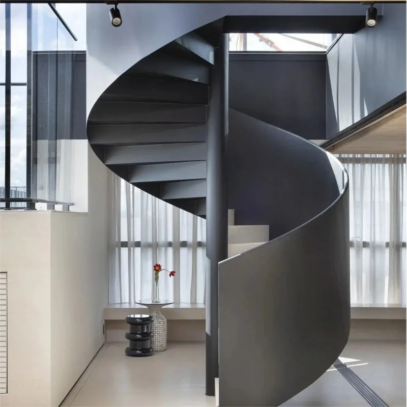 custom.Contemporary Staircase with Curved Wood Steps Durable Steel Structure and Minimalist Luxury Style