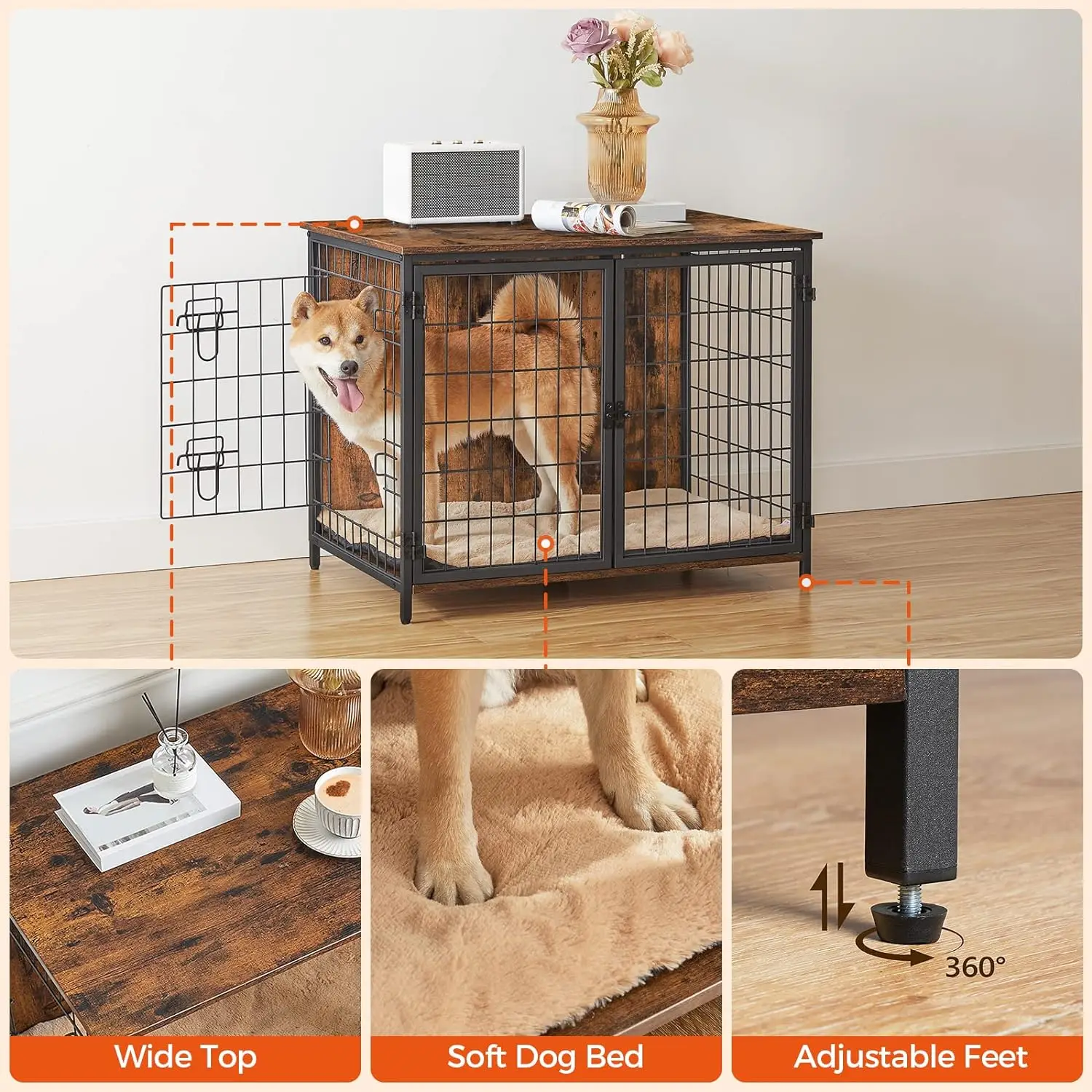 Customized Dog Crate Furniture Wooden Dog Crate Table Furniture Style Indoor Pet Crate with Double Doors Pet Cage House Product