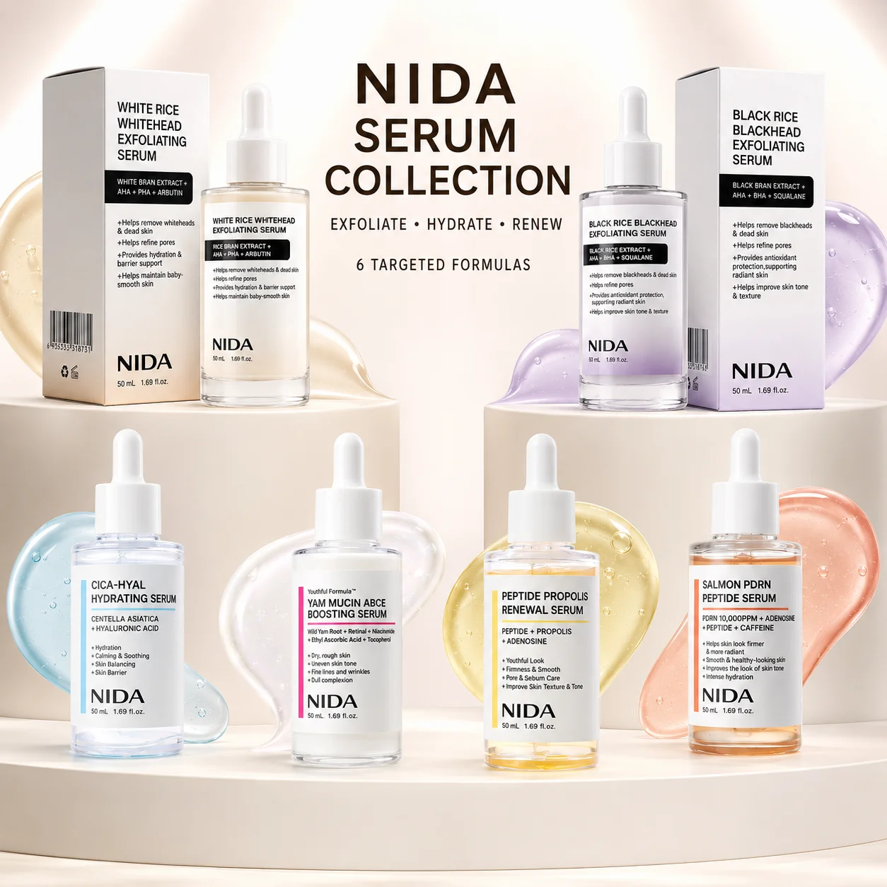 NIDA Serum - Black White Rice, Youthful Yam Mucin, Salmon PDRN Peptide, Centella for Skin Hydrate Renewal Exfoliating Moisturize