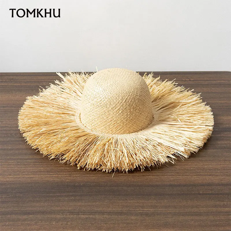 European American Fashion Designer Style Handmade Raffia Grass Dome Wide Brim Straw Hat Women Summer Beach Boho Tassel Sunhat