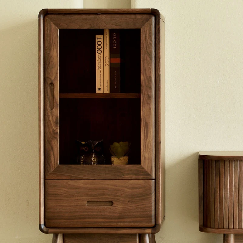 

Black walnut wooden bucket cabinet, simple modern TV cabinet, high and low cabinets next to the living room