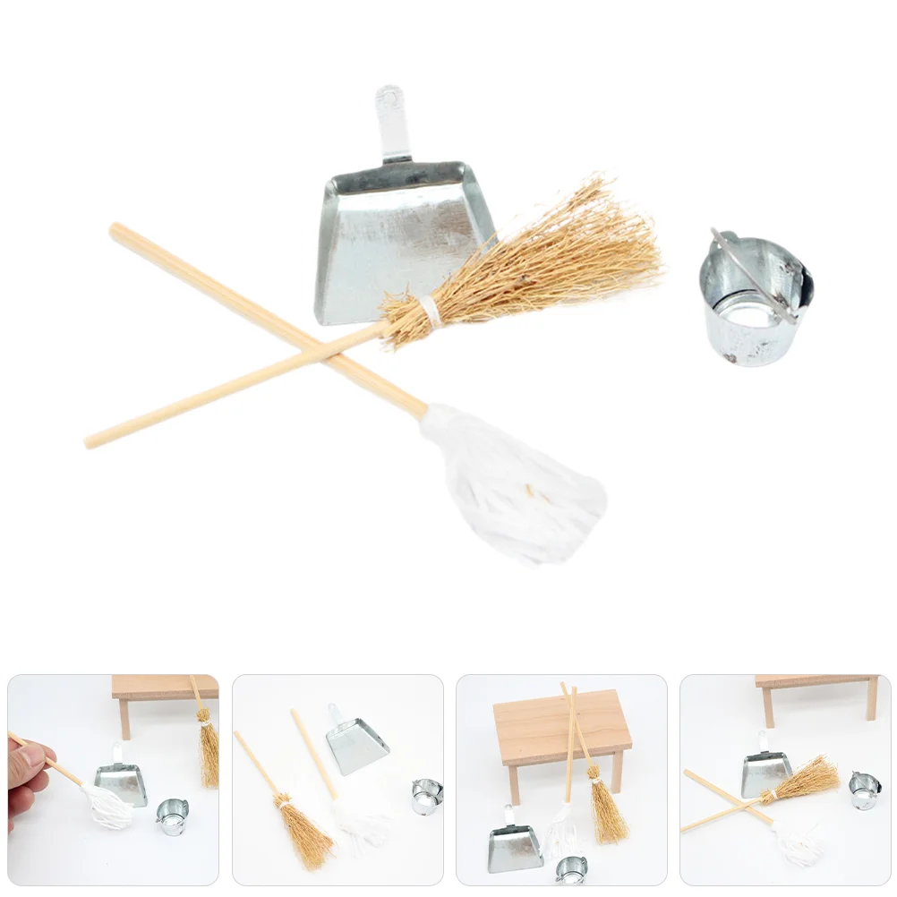 House Broom Mini Figurines Props Dolls Cleaning Kit Bucket Baby Miniature Tools Wood Accessories Furniture