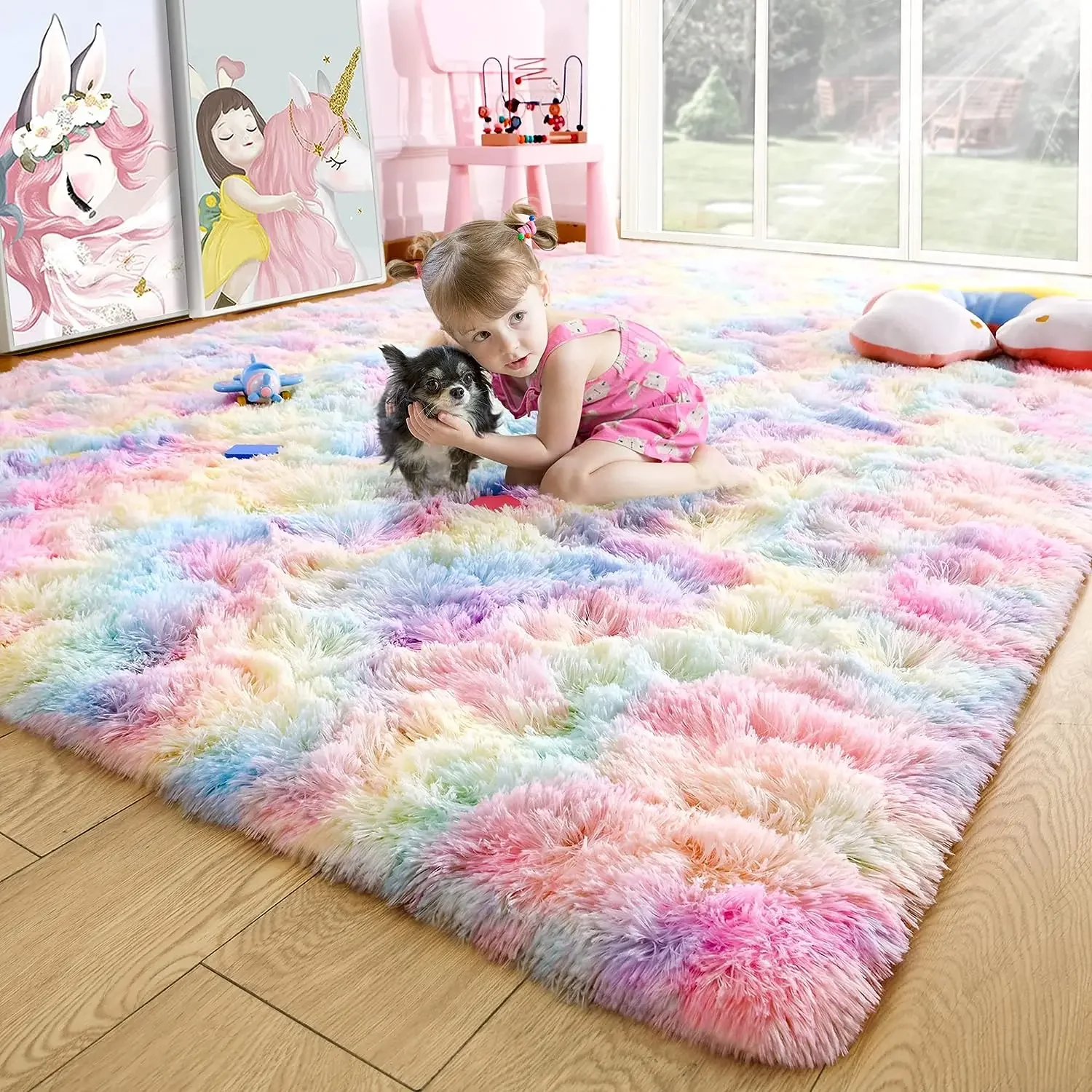 

New Soft Fluffy Rainbow Rugs for Girls Bedroom Shaggy Kids Playroom Home Decor Mat Colorful Plush Nursery Cute Fuzzy Carpet