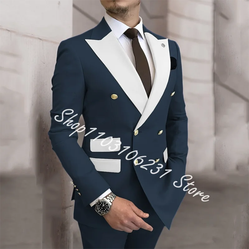Men Suits 2 Pieces Slim Fit Business Suits Groom Champagne Double Breasted Tuxedos Formal Wedding Costume Homme Blazer Pants