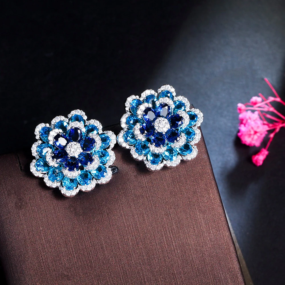 ThreeGraces Beautiful Blue CZ Zircon Silver Color  Big Flower Stud Earrings for Women Luxury Wedding Engagement Jewelry E1792