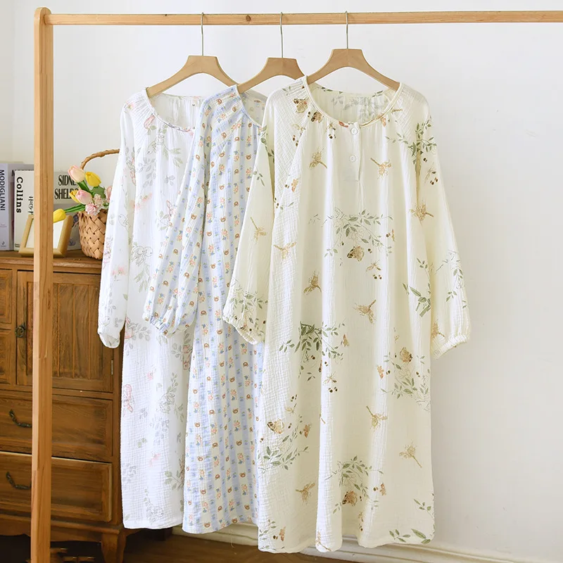 

New Printed Pure Cotton Gauze Nightdress Women's Summer Thin Cotton Long-sleeved Medium Long Can Be Worn Outside Loungewear
