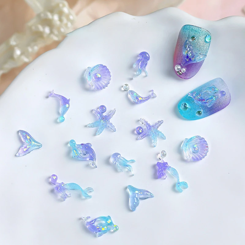 50Pcs 3D Ocean Nail Art Charms Summer Starfish Seashell Nail Decoration Resin Luminous Gradient Nail Accessories Supplies