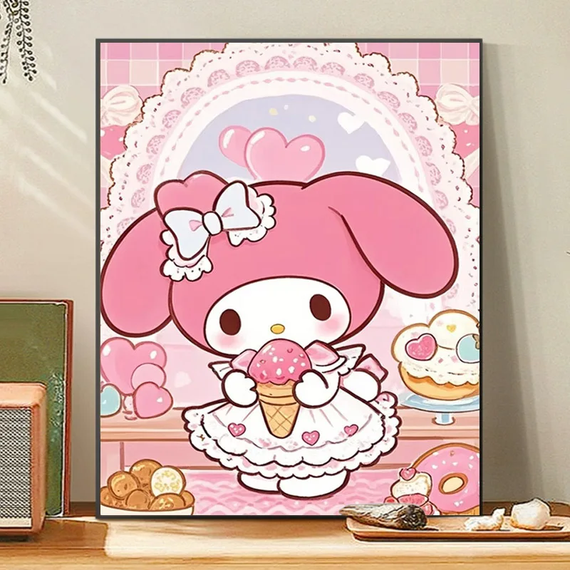(No frame)2D Flat, 1pc Frameless Canvas Painting, Sanrio Cute Pink My Melody Bunny Ice Cream Dessert Shop, Multiple Sizes, Pe