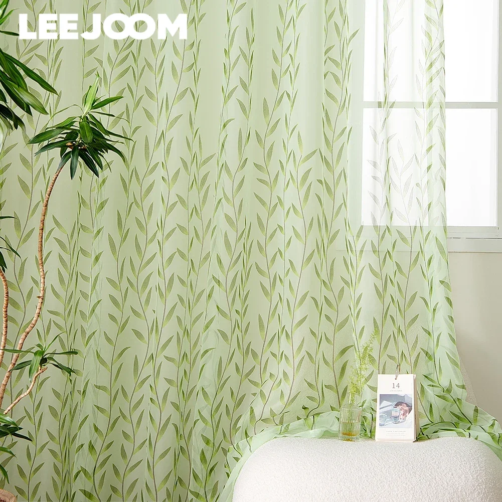 LEEJOOM Leaf Printing Transparent Screen Curtain Green Tulle Sheer Curtain for Home Decoration French Window 1PC