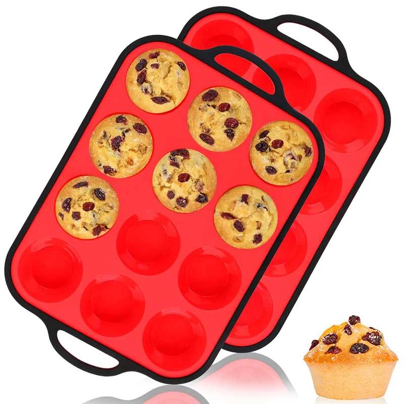 Silicone Muffin Pan, Metal Reinforced Frame Regular Size Cupcake Pan with Handle 12 Cups Nonstick Muffin Pan for Baking BPA Free