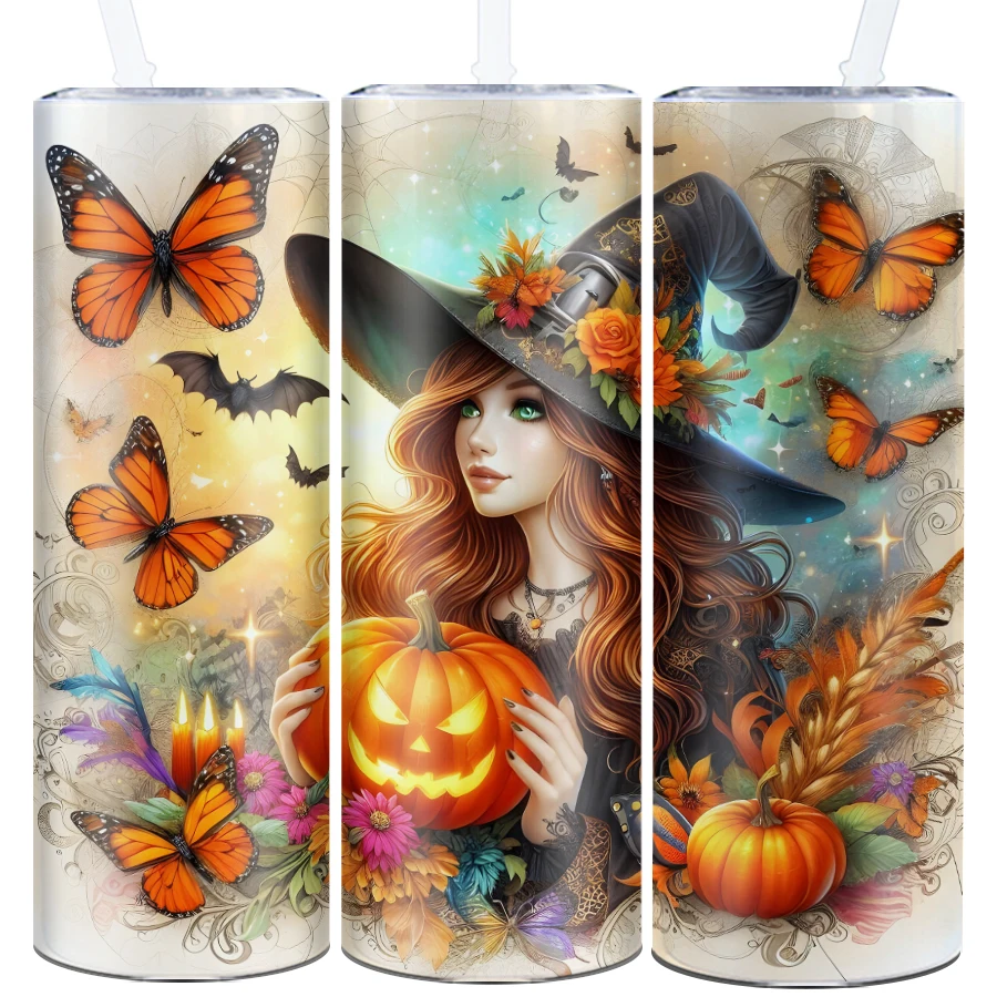 20oz Straight Cup With Straw Lid 1Pc Stainless Steel Halloween Style Tumbler Leakproof Car Mug Water Bottle Juice Milk Tea Cups