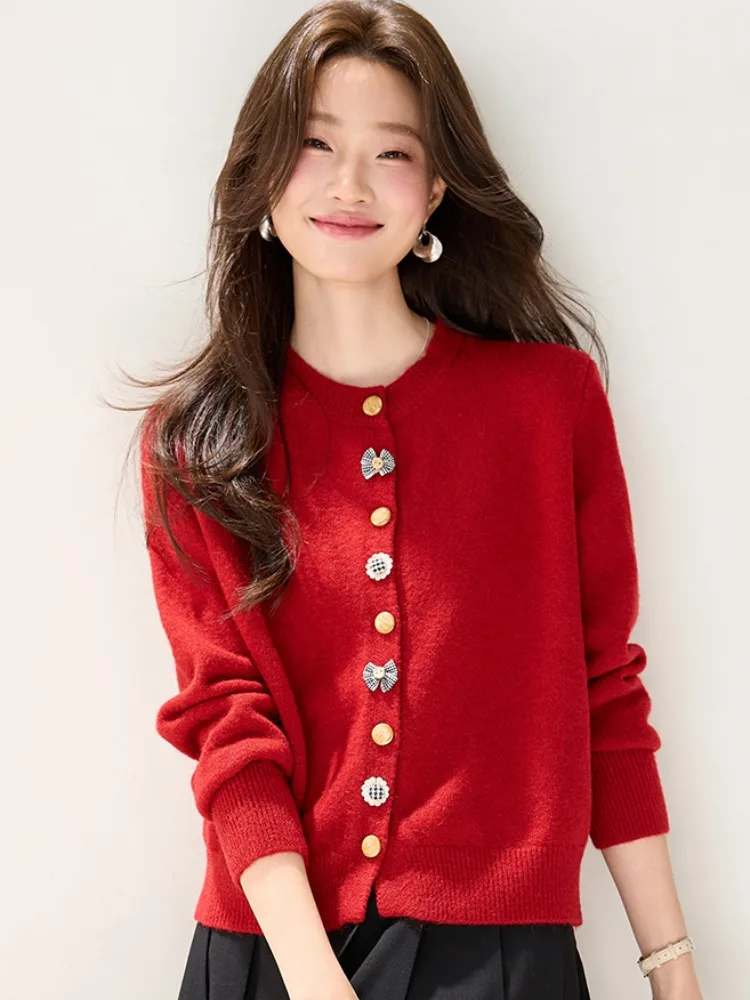 

Red Knitted Sweater Coat Women's Faionable Spring Autumn ort Top Small Size Knitwear Open Cardigan Sli Trendy