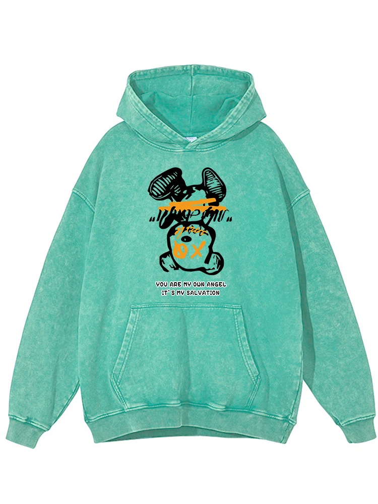 

Interesting Inverted Teddy Bear Print Washed Hoodie Women Warm Distressed Tops Cotton Comfortable Hooded Autumn Basic Hoodies