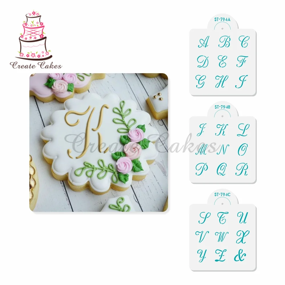 3pcs/set Carton Uppercase Letter Stencil for Cookie Cake Lace Stencils Cake Decorating Fondant Holly Cookie Stencil