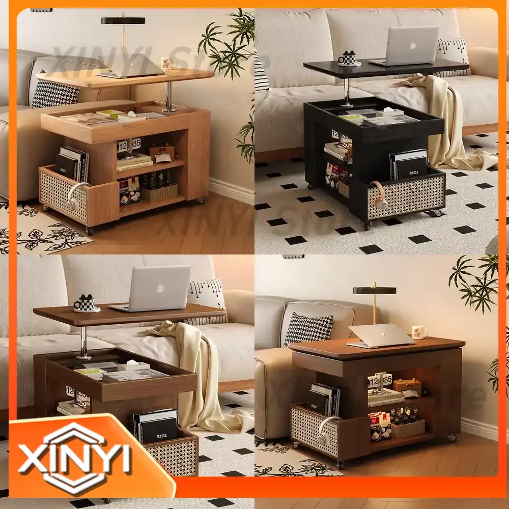 Wooden Living Room Side Table with Casters Rotating Height Adjustable Small Tea Trolley Corner Table Rolling Storage Cabinet