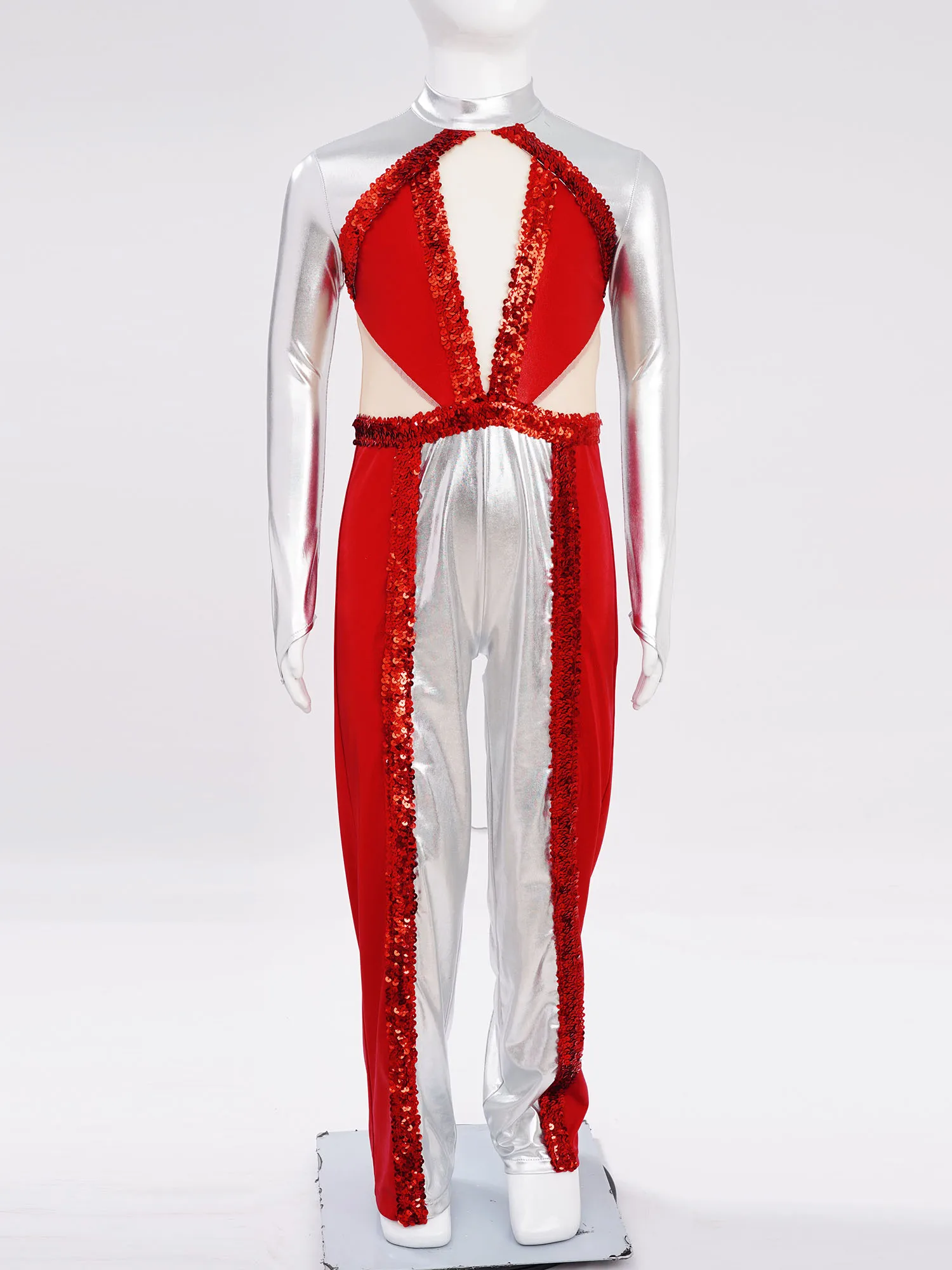 Mädchen 70er Jahre Disco-Overall für Kinder, glänzende Pailletten, lange Hosen, Kontrastfarben-Body für lateinamerikanische Jazz-Bllroom-lyrische Tanzaufführung