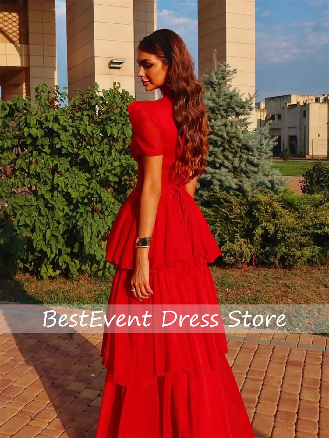 

Custom Made High Neck Women's Prom Dress Robe De Cocktail Tiered Pleated A line Party Evening Dress Short Sleeve Dresses
