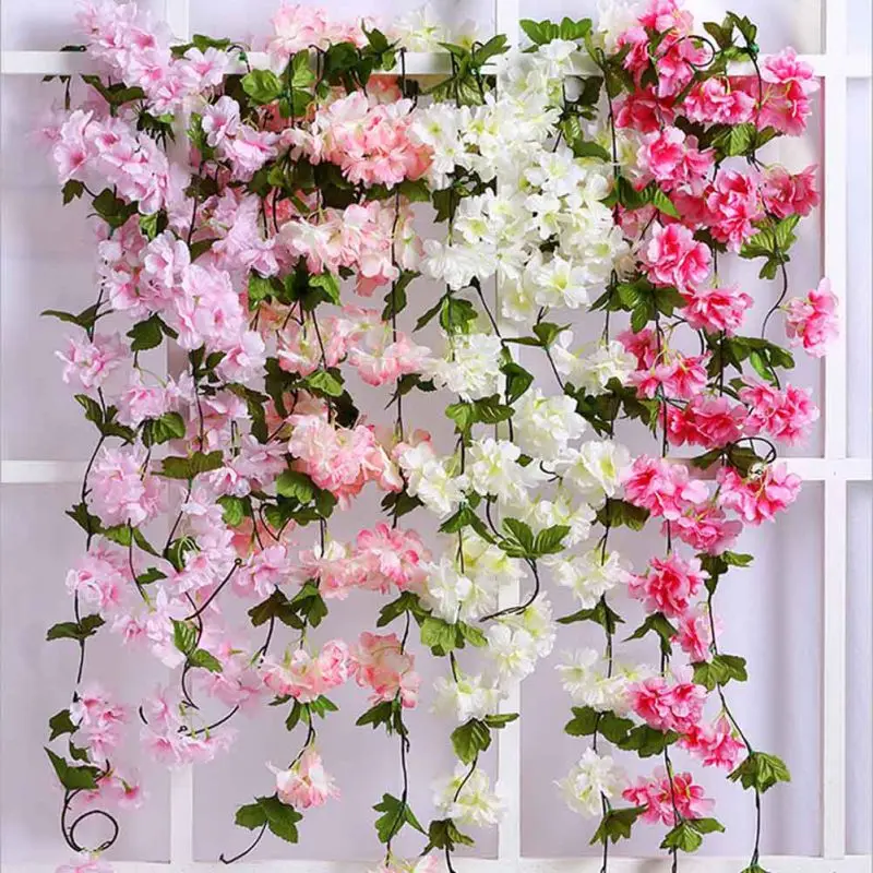 2pcs Artificial Flower String 230cm Artificial Sakura Vine Garland Cherry Blossoms Vines Garland Garden Arch Decor Fake Flowers